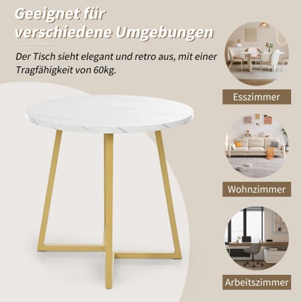 Rund spisebord - Hvid/guld marmor - 80 cm - Metal - Moderne design
