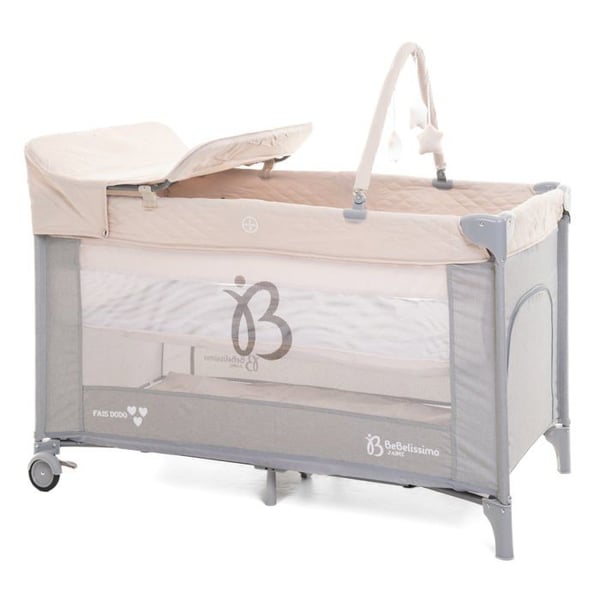 BEBELISSIMO - Resesäng för baby - hopfällbar säng - från födseln - Låt oss sova - skötbord och leksaker - beige/grå