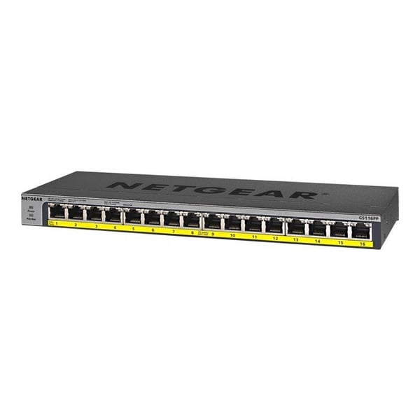 Commutator - NETGEAR - GS116LP - 16 Gigabit-portar - PoE+ 76W - Rackbar och väggmonterad