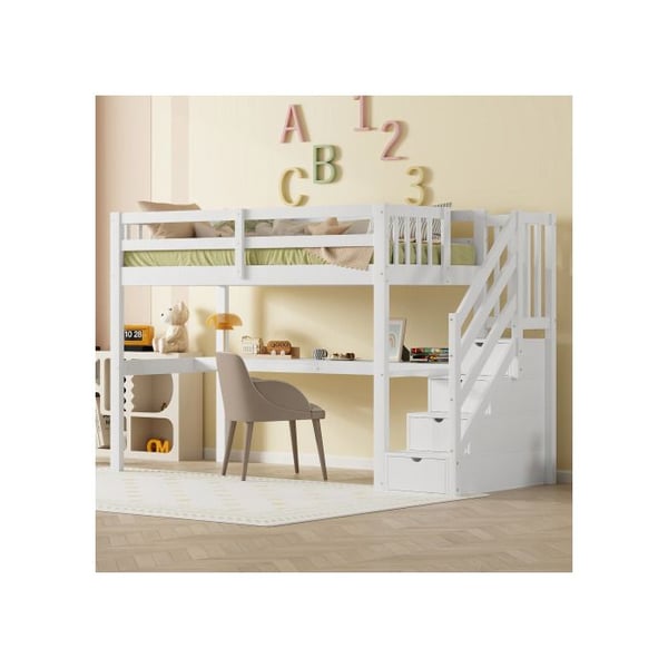 Sengehemseng - MUVOE - 90 x 200 cm - Hvid - Med skuffer - Integreret skrivebord