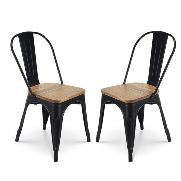 KOSMI - Set med 2 stolar i mattsvart metall och sits i ljust trä - Industriell stil