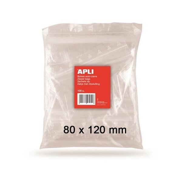 Återförslutbar plastpåse - APLI - 80 x 120 mm - Paket med 100 - PE 50µ