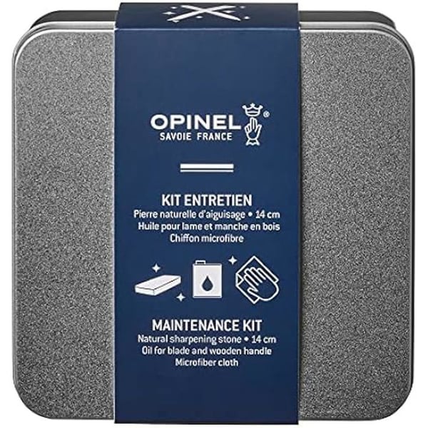 Underhållsset - OPINEL - Metallåda - Slipsten - Olja - Mikrofiberduk