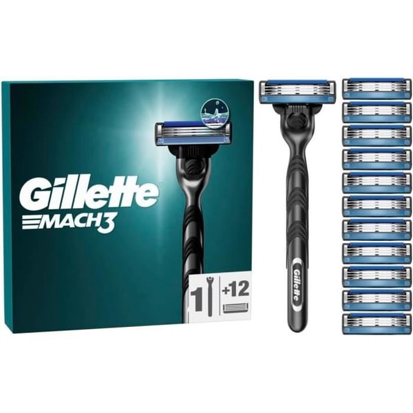 Razor - GILLETTE - Mach3 - 3 Blade - Håndtag i Rustfrit Stål - 12 Refills