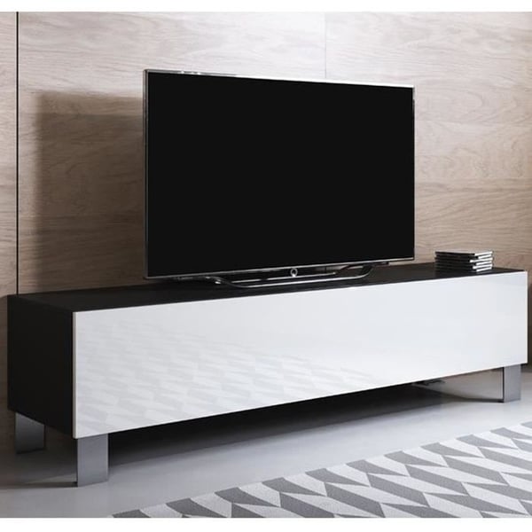 DESIGN AMEUBLEMENT - Modernt TV-möbel - Svart och blankt vitt - 1 dörr - 3 fack - Aluminiumben - 160 x 42 x 40 cm
