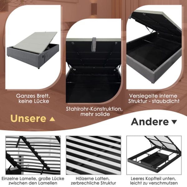 Lit - MUVOE - 140 x 200 cm - Indbygget USB-C - Lamelseng - Grå