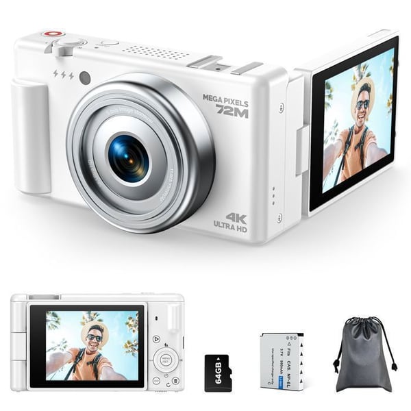 JEEMAK Kompakt Digitalkamera 4K 72MP Videokamera Autofokus 2.8" roterande skärm 270° för nybörjare, Vit