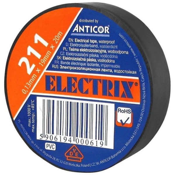 Elastisk elektrisk tejp - ANTICOR - PE-2112001-0019020 - svart - 19 mm - 20 m