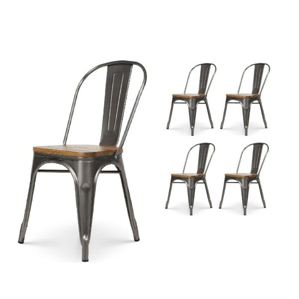 Set med 4 stolar i rå metall med galvaniserad yta och sittplats i ljust trä - Industriell stil