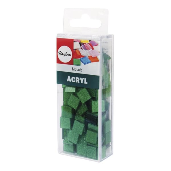 Akryl mosaik, 1x1 cm, glittrig, grön äng, låda - ca 205 bitar / 50 g