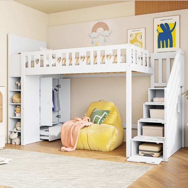 Lyst mezzanin - MUVOE - 90x200 cm - Hvid - Opbevaringsskala - Foldbare skabe