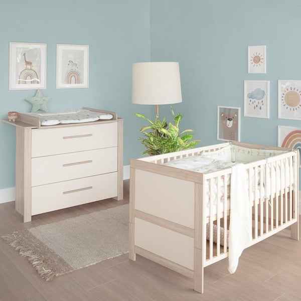 Spjälsäng Bebis Duo Evolutiv ROBA - Momo - Säng 70x140 + Skötbord med 3 Lådor - Beige Cashmere - Ek Tristan