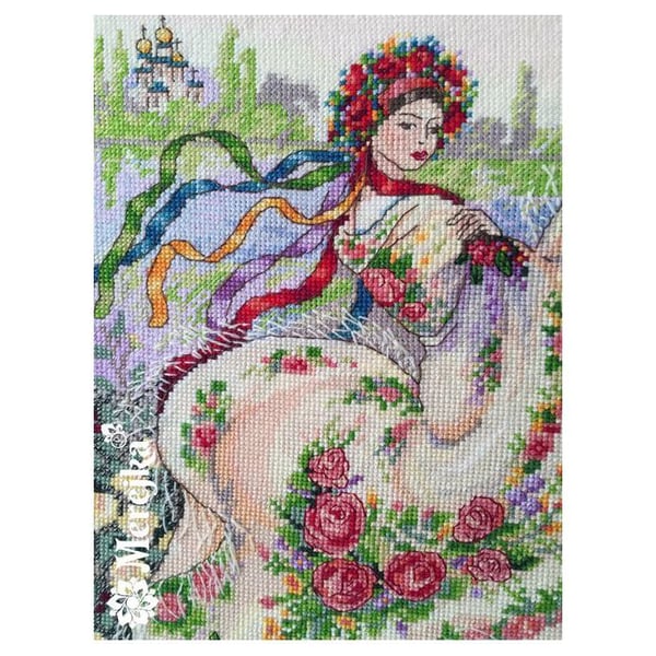 Kit för korsstygn - MEREJKA - Festlig scarf (K-15) - 25x30 cm - Aida 16ct écru - 39 färger DMC