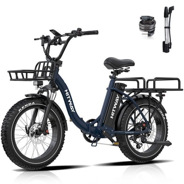 HITWAY Elcykel 20" x 4.0 VAE - Avtagbart Litiumbatteri 48V25Ah - Motor 250W - 7 Växlar - Räckvidd 90-200 km - Blå
