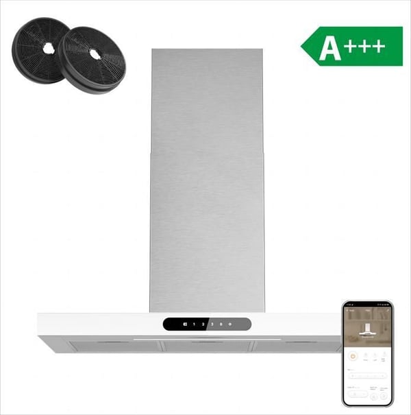 CIARRA Connected Hood 90cm APP Control Touch Button 650m3/h Booster ingår 2st Kolfilter Justerbar Belysning Vitt Glas