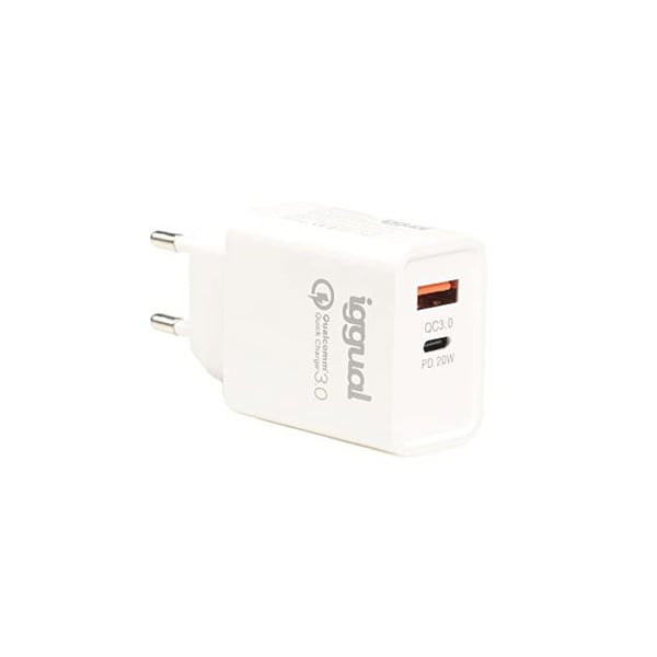 Dubbell USB-väggladdare - iggual - USB Typ C PD 20 W - USB QC3.0 - Snabbladdning
