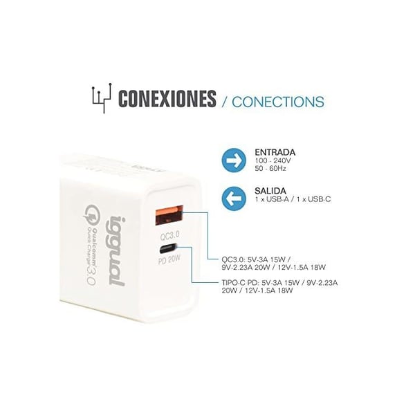 Dubbell USB-väggladdare - iggual - USB Typ C PD 20 W - USB QC3.0 - Snabbladdning