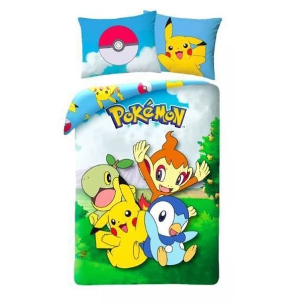 Børnesengetøj - Pokémon - Vendbar - 100% Bomuld - Dynebetræk 140x200 cm - Pude 70x90 cm