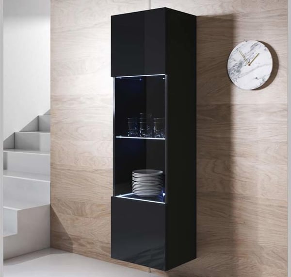 DESIGN AMEUBLEMENT - Hängande LED-vitrinskåp - Blank svart - 1 dörr 4 fack - 40x29x165 cm