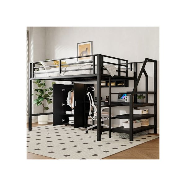 Lys mezzanin - MUVOE - 140x200cm - Sort - Indbygget skrivebord - Opbevaringsskab