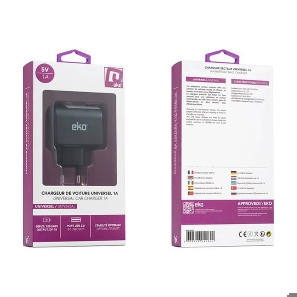 USB-väggladdare - AVIZAR - Universell 1A - Svart - Snabbladdning - Säker