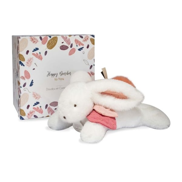 Doudou et Compagnie - Pehmolelu Jänis - 25 cm - Valkoinen/Terrakotta Pom Pom Jänis - Kaunis Lahjalaatikko - Happy Boho - Happy Doudou To
