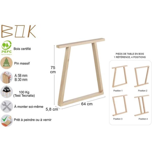 Modulära bordben - Bok - Modell 1 - Massiv furu - 64x5,8x75 cm - Klar att måla