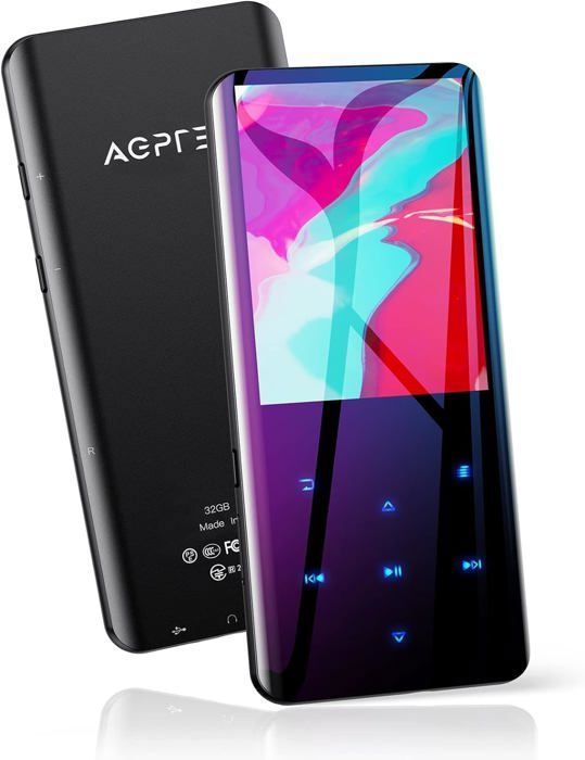 AGPTEK 64GB Bluetooth 5,3 MP3-högtalare, 2,4 tum stor skärm musikspelare Sport HiFi Metal Audio med FM-radio, svart