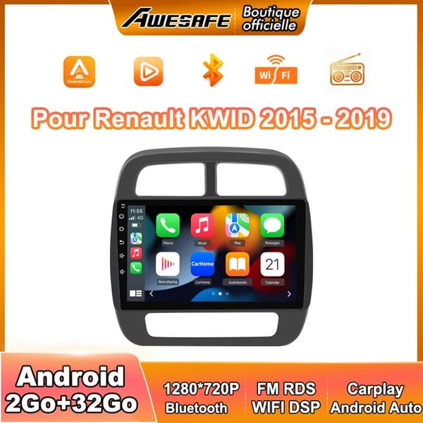 AWESAFE Autoradio Android 13 2Go+32Go för Renault KWID (2015-2019) 10'' Pekskärm Carplay GPS Android Auto