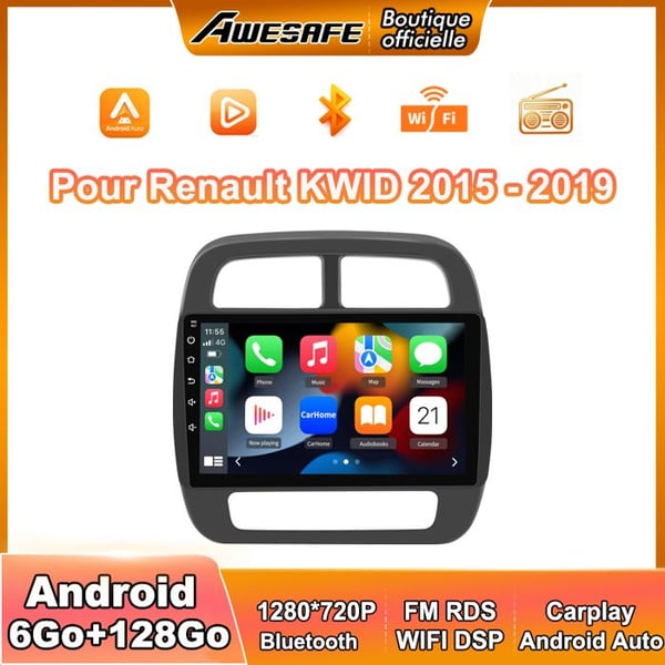 AWESAFE Autoradio Android 13 6Go+128Go för Renault KWID (2015-2019) 10'' Pekskärm Carplay GPS Android Auto