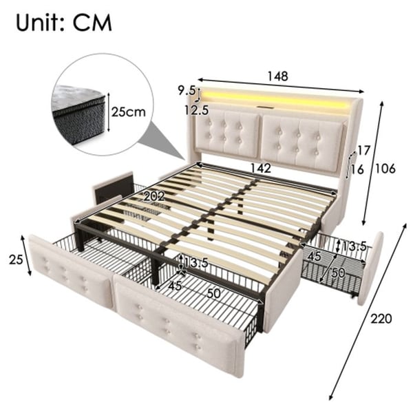 Seng 140x200 - MUVOE - Beige - LED-hovedgavl - 4 skuffer - USB C