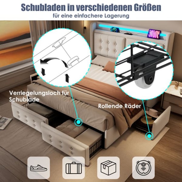 Seng 140x200 - MUVOE - Beige - LED-hovedgavl - 4 skuffer - USB C