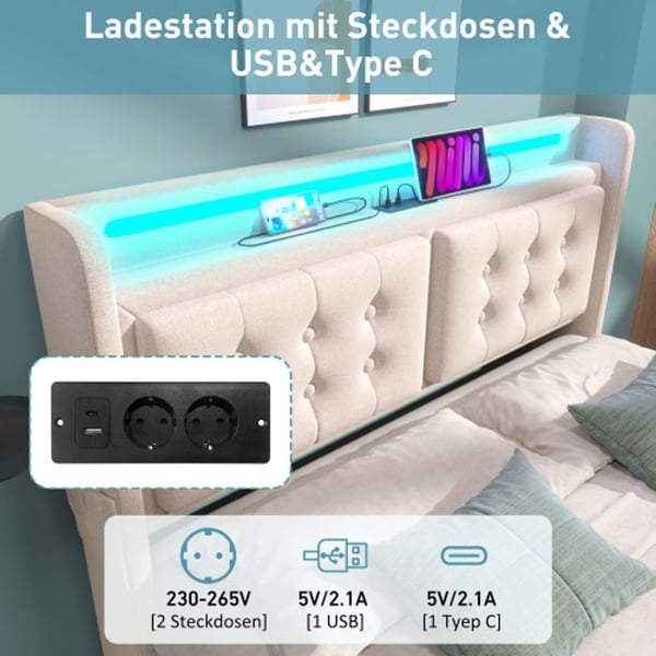 Seng 140x200 - MUVOE - Beige - LED-hovedgavl - 4 skuffer - USB C