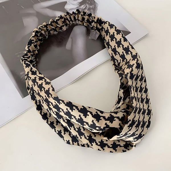 Korsad Huvudband - AVIZAR - Beige Houndstooth - Mjuk Bomull - Elegant - Retro-Chic