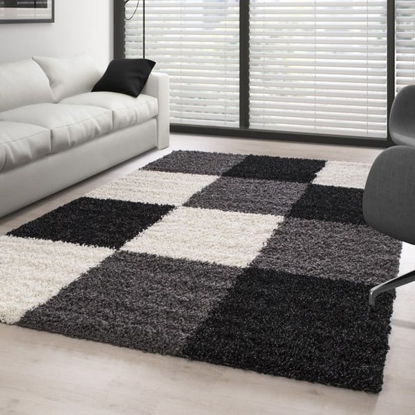 Shaggy Mat - Ayyildiz - 200x290 cm - Svart-Vit-Grå - Rutiga mönster - Inomhus