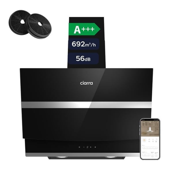 CIARRA Inklinerad Köksfläkt 60 cm A+++ 692 m³/h, Wi-Fi & Touch, 4 Hastigheter, Booster, Kolfilter ingår, Svart CBCB6736N