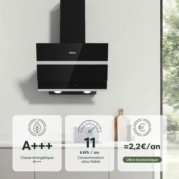 CIARRA Inklinerad Köksfläkt 60 cm A+++ 692 m³/h, Wi-Fi & Touch, 4 Hastigheter, Booster, Kolfilter ingår, Svart CBCB6736N