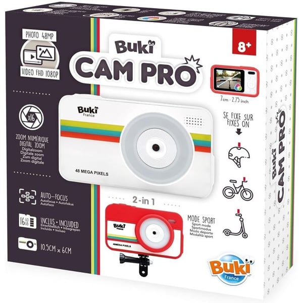 Buki CamPro — Actionkamera för barn 48MP 1080P med hölje, fästen och microSD 16Go