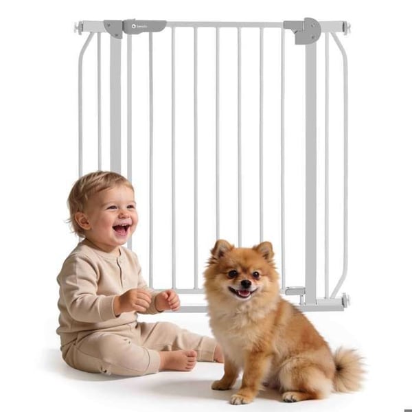 Säkerhetsbarriär för baby LIONELO Truus Slim - 75-105 cm - Tryckmontering - Inga borrningar - Dubbelriktad öppning - Grå