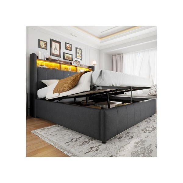 Polstret seng - MUVOE - 160x200 cm - LED-belysning - USB-stik - Indbygget opbevaring
