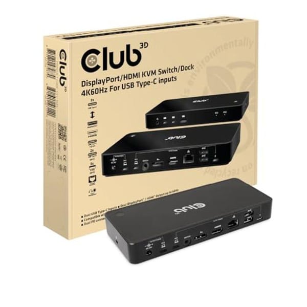 KVM Switch/Dock - CLUB 3D - 4K60Hz - 2 USB Type-C indgange - DisplayPort/HDMI udgang - Kompatibel med Alt DP