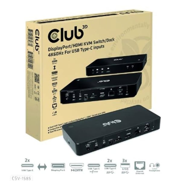 KVM-switch/dock - CLUB 3D - 4K60Hz - 2 USB Typ-C-ingångar - DisplayPort/HDMI-utgång - Kompatibel med Alt DP