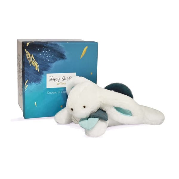 Doudou et Compagnie - Pehmolelu Jänis - 25 cm - Jänis Pompon Valkoinen/Peacock Sininen - Kaunis Lahjalaatikko - Happy Pop - Happy Doudou Sinulle