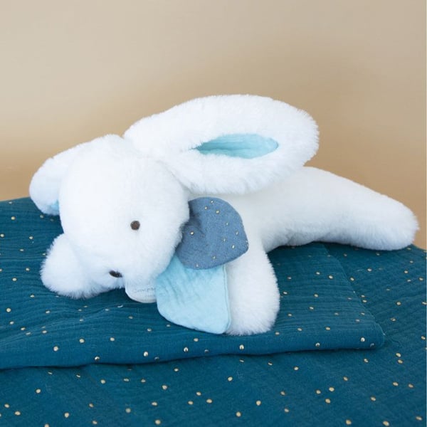 Doudou et Compagnie - Pehmolelu Jänis - 25 cm - Jänis Pompon Valkoinen/Peacock Sininen - Kaunis Lahjalaatikko - Happy Pop - Happy Doudou Sinulle