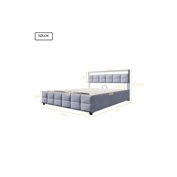 Lit - MUVOE - 180x200cm - Pehmustettu - LED - Hydraulinen - Harmaa sametti