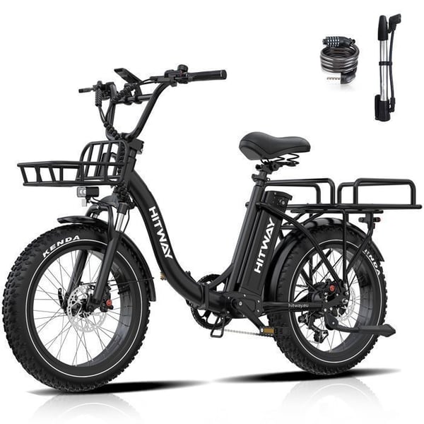 HITWAY Elcykel 20" x 4.0 VAE - Avtagbart Litiumbatteri 48V25Ah - Motor 250W - 7 Växlar - Räckvidd 90-200 km - Svart