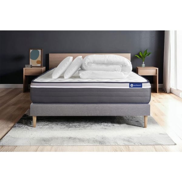 Komplett sängpaket 160x200 cm - Madrass + Sängbotten Grå (i kit) + 2 kuddar + Täcke - ActiMemo Plu