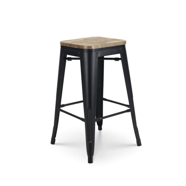 Set om 4 barstolar i matt svart metall med industriell stil och sits i ljust trä - Höjd 66 cm