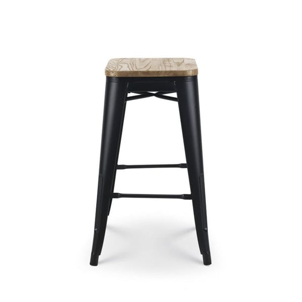 Set om 4 barstolar i matt svart metall med industriell stil och sits i ljust trä - Höjd 66 cm
