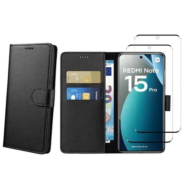 Fodral för Xiaomi Redmi Note 15 PRO 4G och 2 Härdat Glas - Svart Plånbok med Magnetisk Flik för Kortförvaring Phonillico®